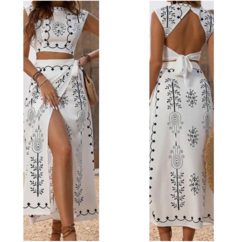 Boho Floral Printed Crop Top Split Thigh Maxi Skirt Set S M L XL